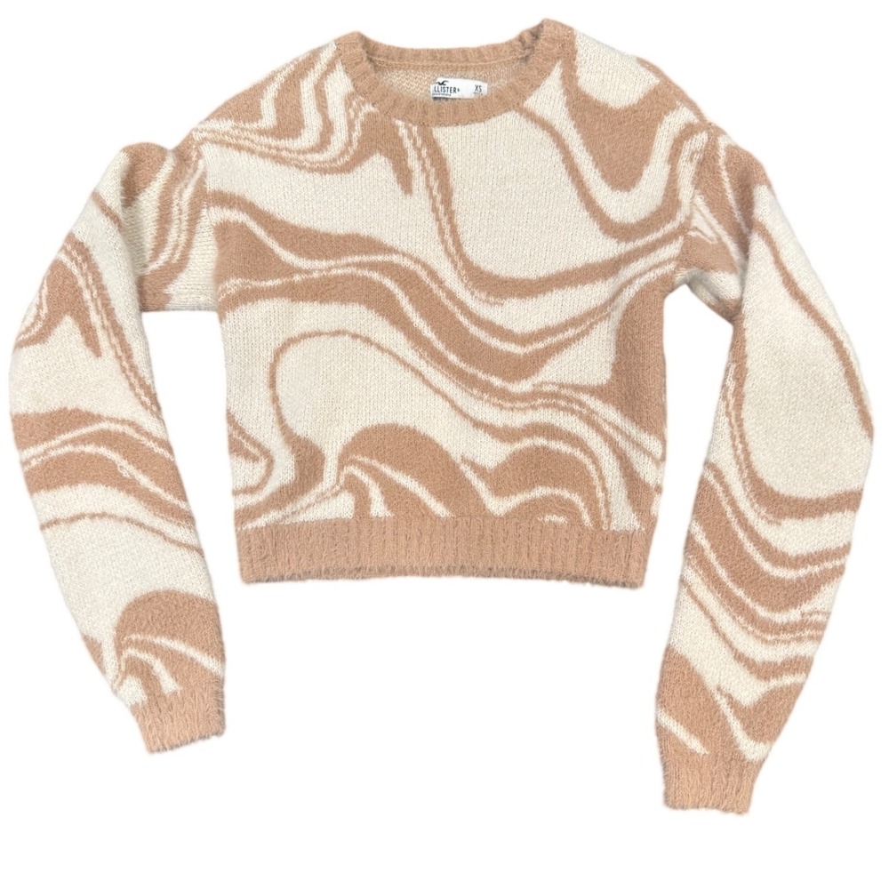 Hollister Womens XS Fuzzy Retro Swirl Marble Sweater Tan Cream Cropped‎